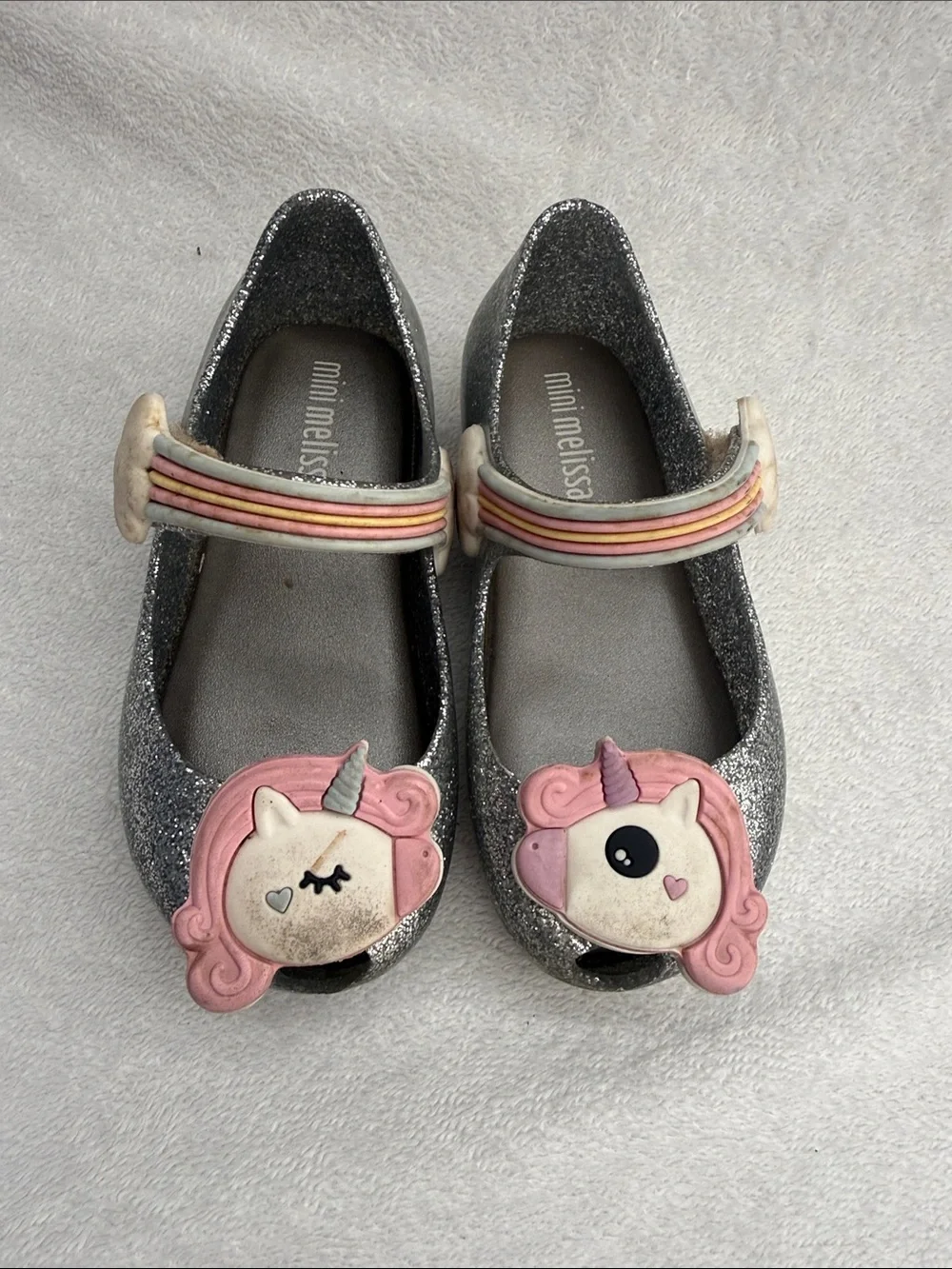 Mini Melissa Girls Silver Glitter Mary Janes with Pink Unicorn Accents